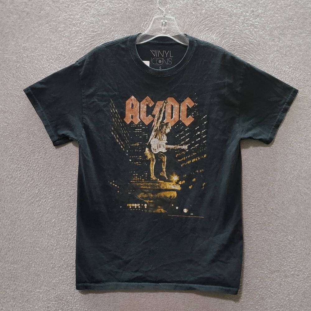ACDC Men T-Shirt Small Black Logo Stiff Upper Lip Statue Graphic Short Sleeve